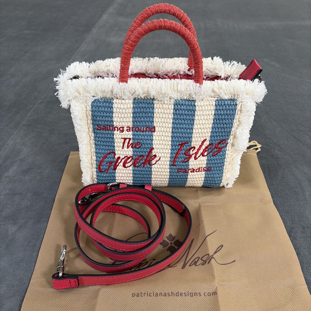 Patricia Nash Sailing Around Greek Isles Straw Tote Crossbody Bag Blue Stripe